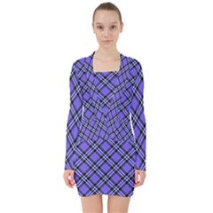 Blue Tartan Plaid 1 Diagonal V-neck Bodycon Long Sleeve Dress by dressshop