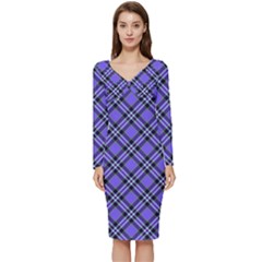 Blue Tartan Plaid 1 Diagonal Long Sleeve V-neck Bodycon Dress  by dressshop