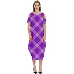 Purple Plaid Tartan 3 Diagonal (2) Cold Shoulder Loose Fit Dress With Pockets by dressshop