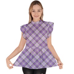 Purple Plaid Tartan 2 Diagonal Ruffle Collar Short Sleeve Chiffon Top by dressshop