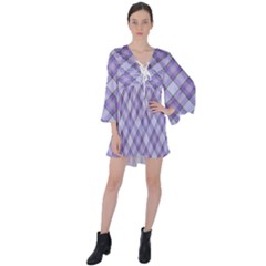 Purple Plaid Tartan 2 Diagonal V-neck Flare Sleeve Mini Dress by dressshop