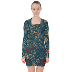 Flowers Floral Retro Flower Texture V-neck Bodycon Long Sleeve Dress by Salmanaz77