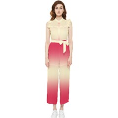 Crimson Red To Cream Yellow Bilinear Gradient Women s Frill Top Chiffon Jumpsuit by GradientsOmbre