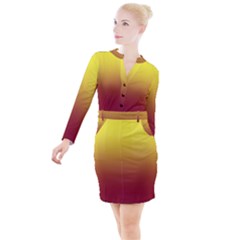 Electric Yellow To Burgundy Red Linear Gradient Button Long Sleeve Dress by GradientsOmbre