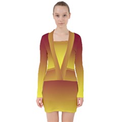 Burgundy Red To Electric Yellow Linear Gradient V-neck Bodycon Long Sleeve Dress by GradientsOmbre
