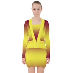 Burgundy Red To Electric Yellow Bilinear Gradient V-neck Bodycon Long Sleeve Dress by GradientsOmbre