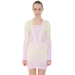 Cream Yellow To Pink Lace Linear Gradient V-neck Bodycon Long Sleeve Dress by GradientsOmbre