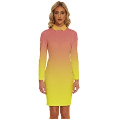 Coral Pink To Electric Yellow Linear Gradient Long Sleeve Shirt Collar Bodycon Dress by GradientsOmbre