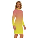 Coral Pink To Electric Yellow Linear Gradient Long Sleeve Shirt Collar Bodycon Dress View3