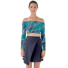 Aqua Batik, Abstract, Colorful Long Sleeve Off Shoulder Crop Top by kyorashop23