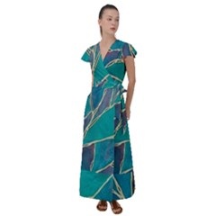 Aqua Batik, Abstract, Colorful Flutter Sleeve Maxi Dress by kyorashop23