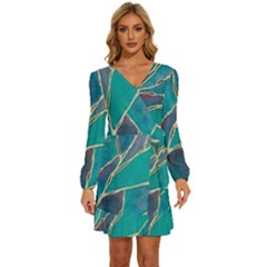 Aqua Batik, Abstract, Colorful Long Sleeve Waist Tie Ruffle Velvet Dress by kyorashop23