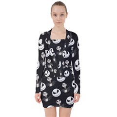 Jack Print, White, Before, Plain, Black, Simple, Christmas V-neck Bodycon Long Sleeve Dress by kyorashop23