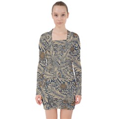 Brown Vintage Background Vintage Floral Pattern, Brown V-neck Bodycon Long Sleeve Dress by kyorashop23