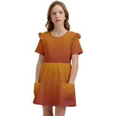 Amber Orange To Burgundy Red Linear Gradient Kids  Frilly Sleeves Pocket Dress by GradientsOmbre