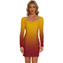 Amber Orange To Burgundy Red Linear Gradient Long Sleeve Square Neck Bodycon Velvet Dress View1