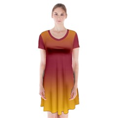 Amber Orange To Burgundy Red Bilinear Gradient Short Sleeve V-neck Flare Dress by GradientsOmbre