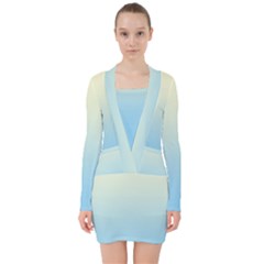Cream Yellow To Baby Blue Linear Gradient V-neck Bodycon Long Sleeve Dress by GradientsOmbre