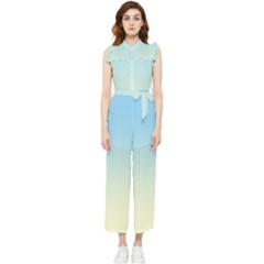 Baby Blue To Cream Yellow Linear Gradient Women s Frill Top Chiffon Jumpsuit by GradientsOmbre