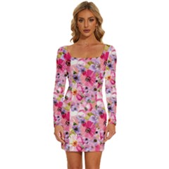 Pattern Seamless Texture Daisies Long Sleeve Square Neck Bodycon Velvet Dress by Grandong