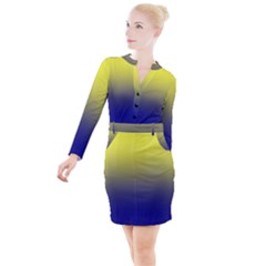 Electric Yellow To Navy Blue Linear Gradient Button Long Sleeve Dress by GradientsOmbre