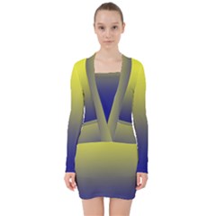 Electric Yellow To Navy Blue Linear Gradient V-neck Bodycon Long Sleeve Dress by GradientsOmbre