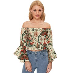 Christmas Tree Snow Off Shoulder Flutter Bell Sleeve Top by Bedest