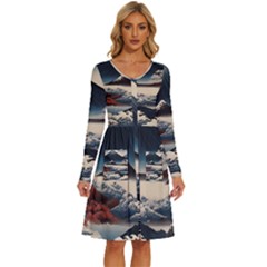Hokusai Moutains Japan Long Sleeve Dress With Pocket by Bedest