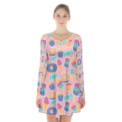 Ice Cream Donut Sweets Candie Long Sleeve Velvet V-neck Dress by Apenda