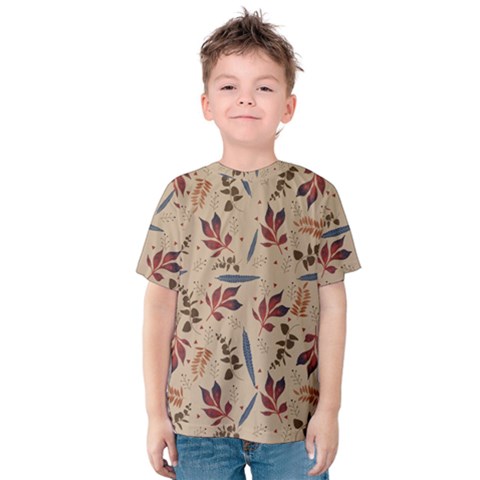 Leaves Pattern Teal Seamless Fall Kids  Cotton T-shirt by Sabxi