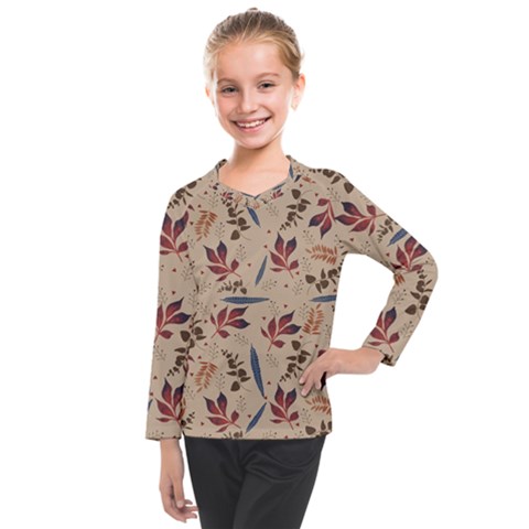 Leaves Pattern Teal Seamless Fall Kids  Long Mesh T-shirt by Sabxi