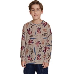 Leaves Pattern Teal Seamless Fall Kids  Crewneck Sweatshirt by Sabxi