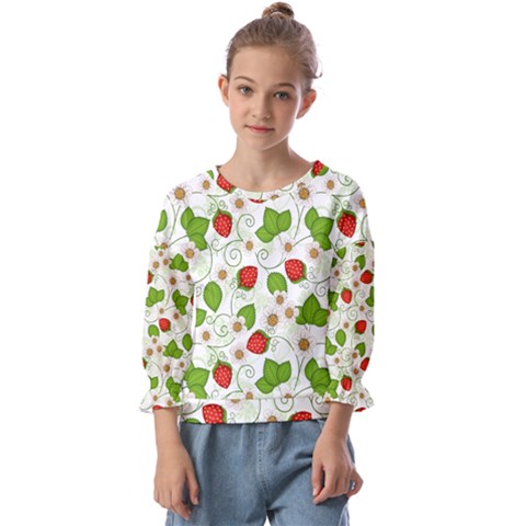 Strawberry Fruit Pattern Leaves Kids  Cuff Sleeve Top by Sabxi