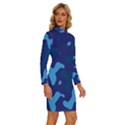 Blue Camouflage Pattern Long Sleeve Shirt Collar Bodycon Dress View3