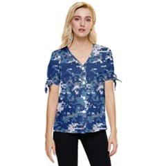 Blue, Camouflage, Cool, Navy, New, Pattern Bow Sleeve Button Up Top by kyorashop23