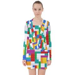 Colorful Bricks, Bricks, Colorful V-neck Bodycon Long Sleeve Dress by kyorashop23