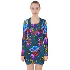 Falling Flowers, Art, Coffee Cup V-neck Bodycon Long Sleeve Dress by kyorashop23