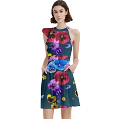 Falling Flowers, Art, Coffee Cup Cocktail Party Halter Sleeveless Dress With Pockets by kyorashop23