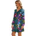 Falling Flowers, Art, Coffee Cup Long Sleeve Waist Tie Ruffle Velvet Dress View2
