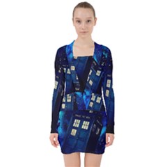Tardis Doctor Who Space Galaxy V-neck Bodycon Long Sleeve Dress by Cemarart