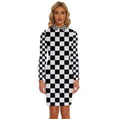 Pattern Checkered Squares Black White Pattern Long Sleeve Shirt Collar Bodycon Dress by Sabxi