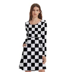 Pattern Checkered Squares Black White Pattern Long Sleeve Knee Length Skater Dress With Pockets by Sabxi