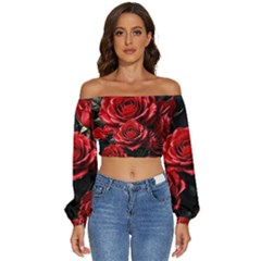 Red Roses Long Sleeve Crinkled Weave Crop Top by Sabxi