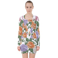 Embroidery Roses Floral Design V-neck Bodycon Long Sleeve Dress by Sabxi