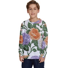 Embroidery Roses Floral Design Kids  Crewneck Sweatshirt by Sabxi