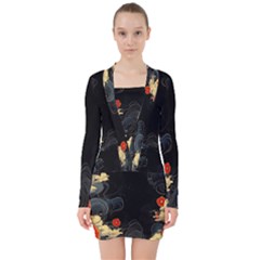 Korean Art Flowers Asian Pattern V-neck Bodycon Long Sleeve Dress by Sabxi