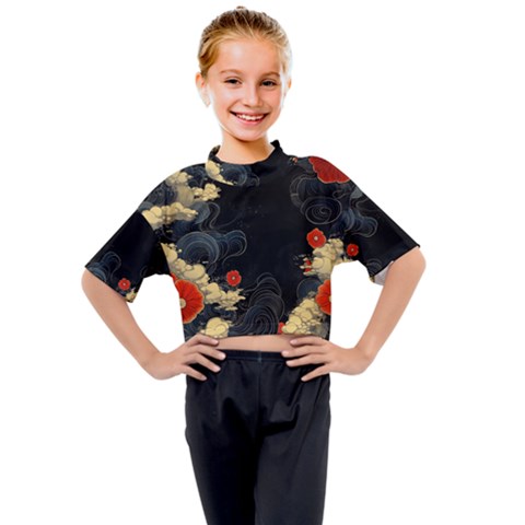 Korean Art Flowers Asian Pattern Kids Mock Neck T-shirt by Sabxi