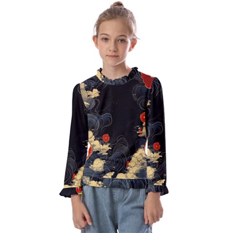 Korean Art Flowers Asian Pattern Kids  Frill Detail T-shirt by Sabxi