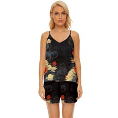 Korean Art Flowers Asian Pattern V-neck Satin Pajamas Set by Sabxi