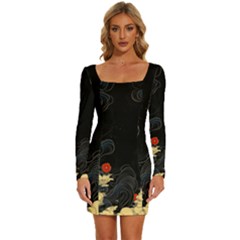 Korean Art Flowers Asian Pattern Long Sleeve Square Neck Bodycon Velvet Dress by Sabxi